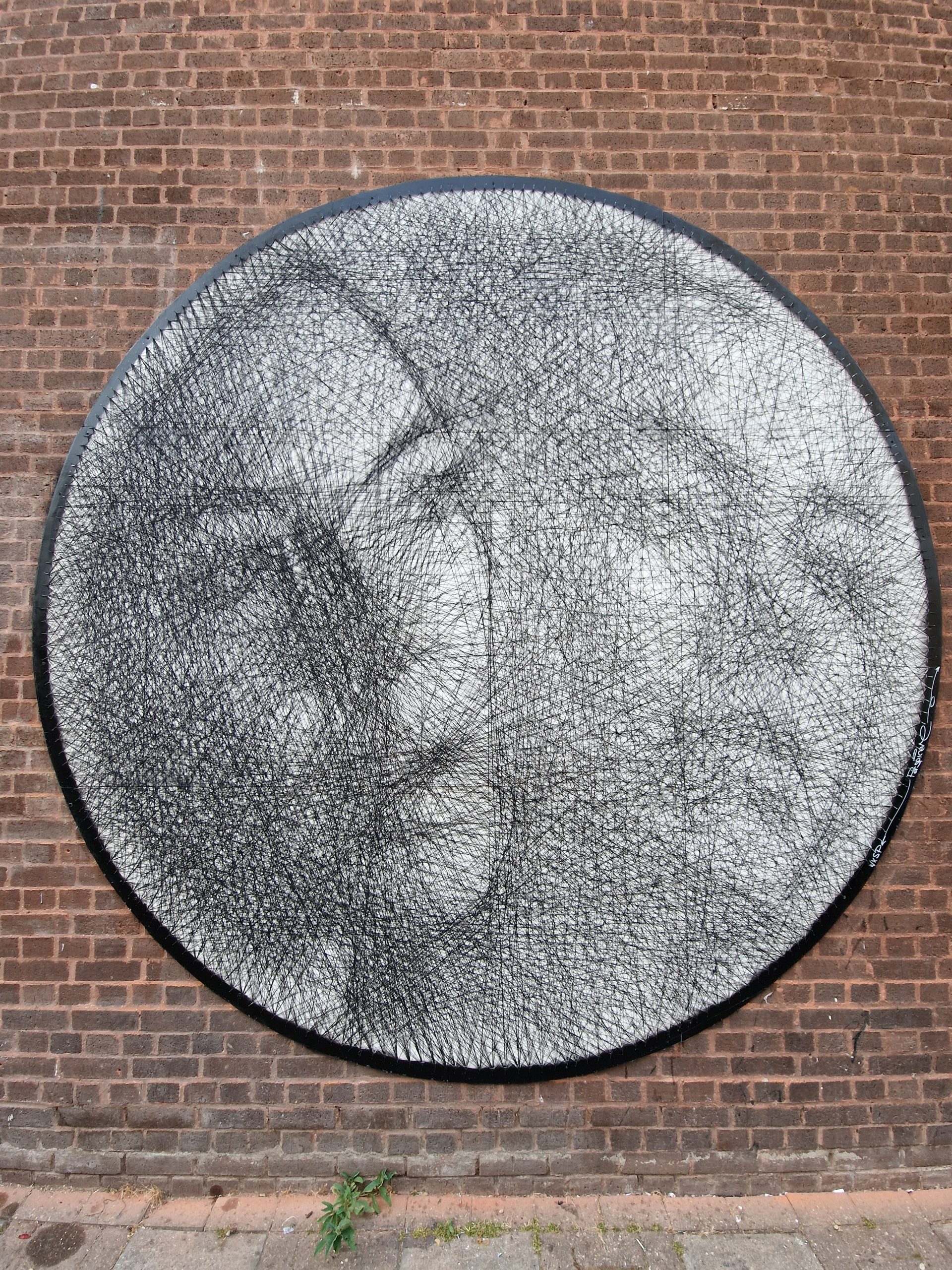 A circular image of two faces, looking closely they are made up of overlapping lines of string