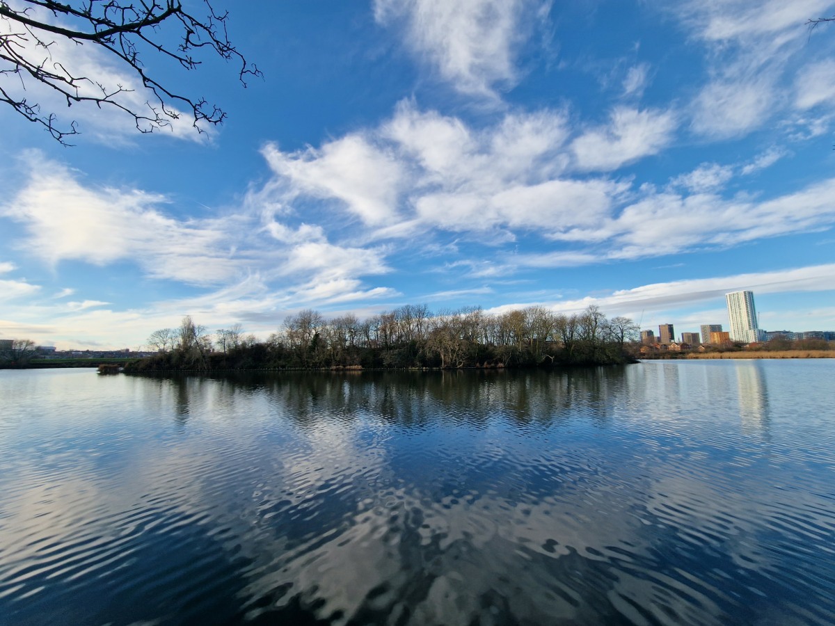 A blue sky with clouds, is reflected in water, with a tree covered island on the horizon.