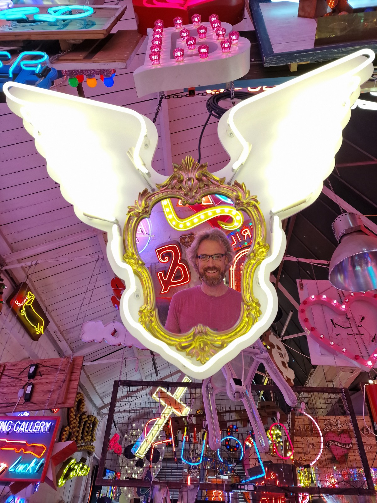 A small, shield shaped mirror is suspended between two white wings, a man in a pink shirt is reflected in the  mirror.